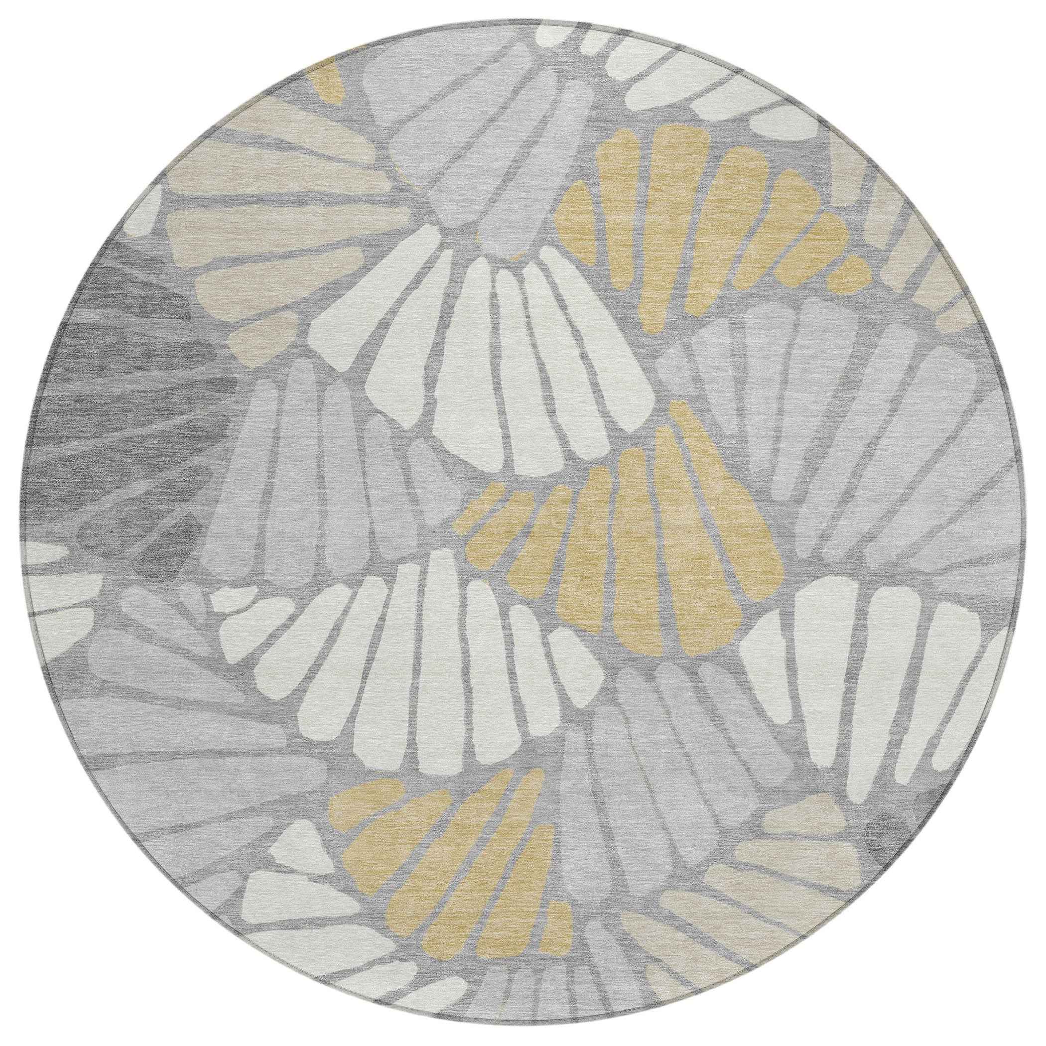 8' Gray Gold And Ivory Round Floral Washable Indoor Outdoor Area Rug