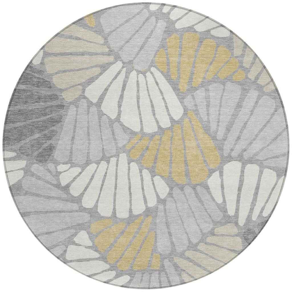 8' Gray Gold And Ivory Round Floral Washable Indoor Outdoor Area Rug