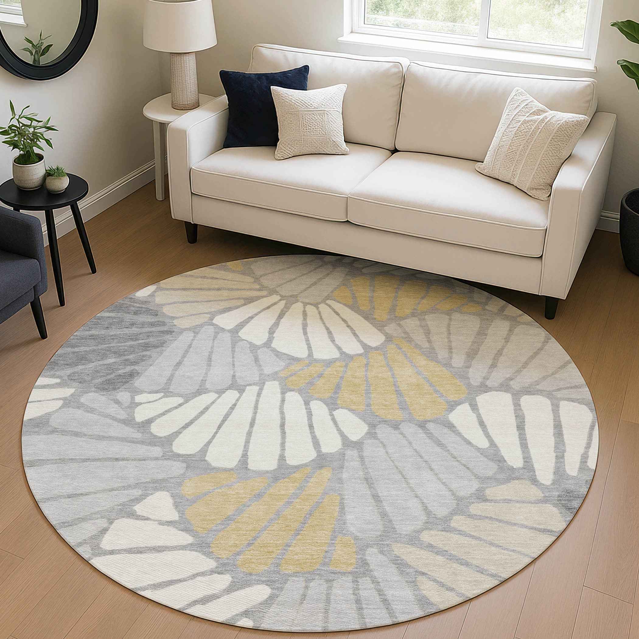 8' Gray Gold And Ivory Round Floral Washable Indoor Outdoor Area Rug
