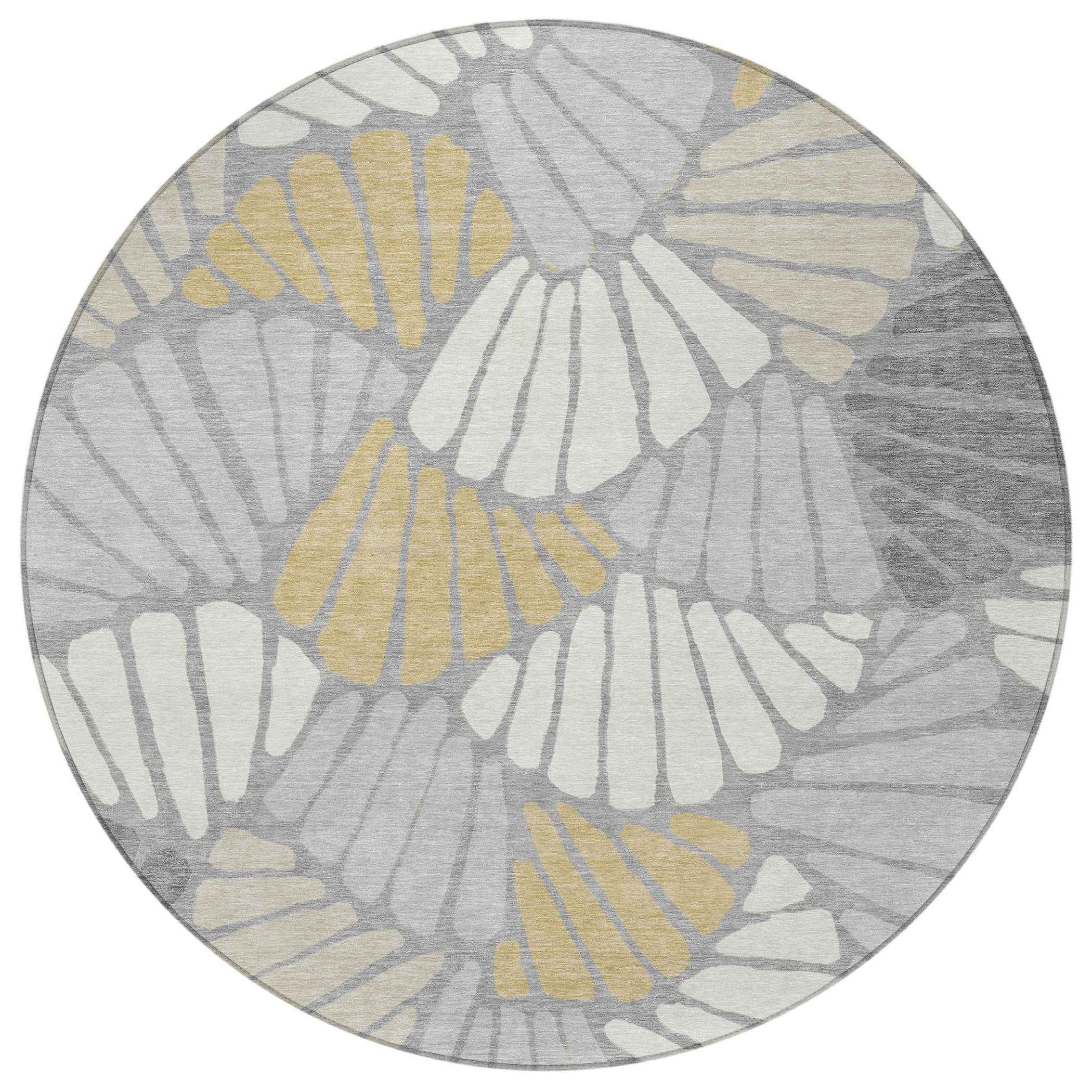 8' Gray Gold And Ivory Round Floral Washable Indoor Outdoor Area Rug