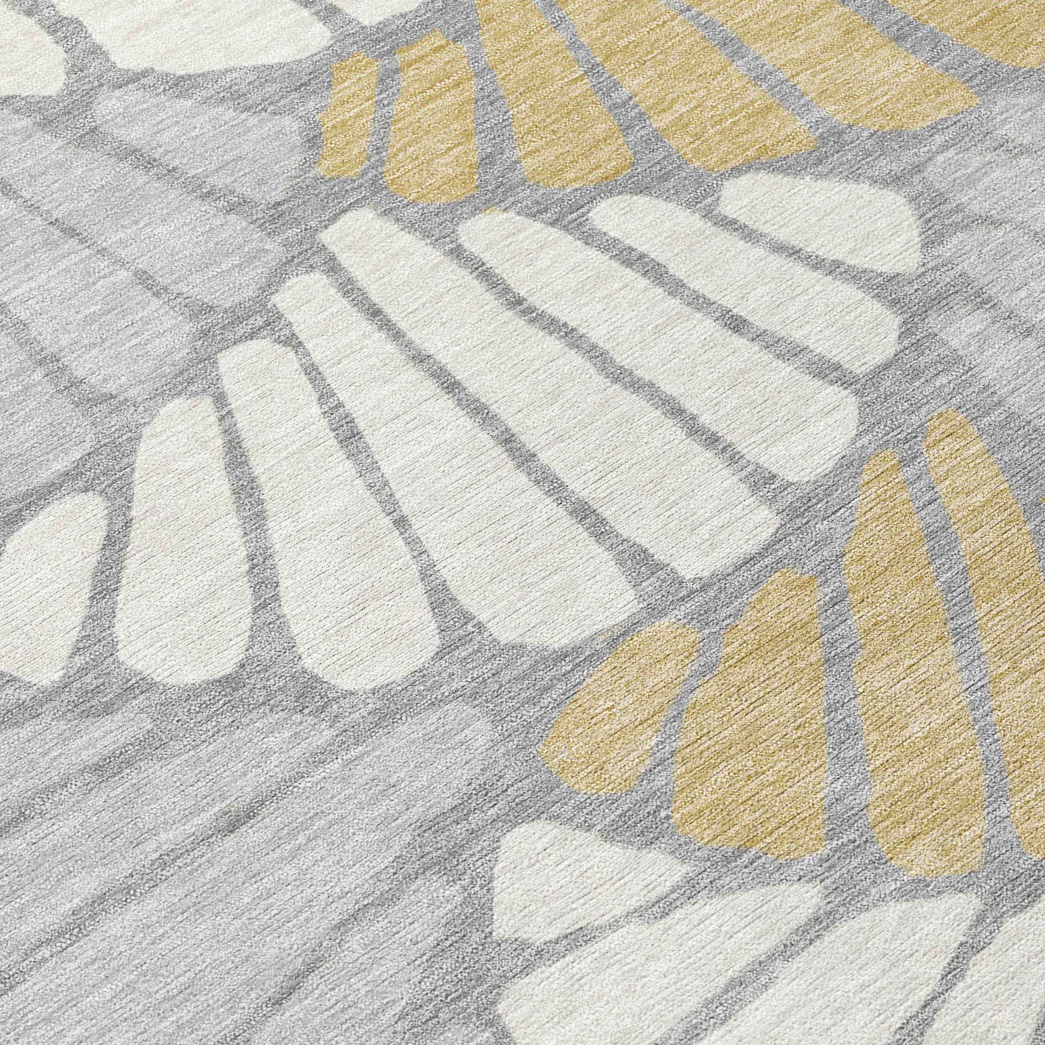 8' Gray Gold And Ivory Round Floral Washable Indoor Outdoor Area Rug