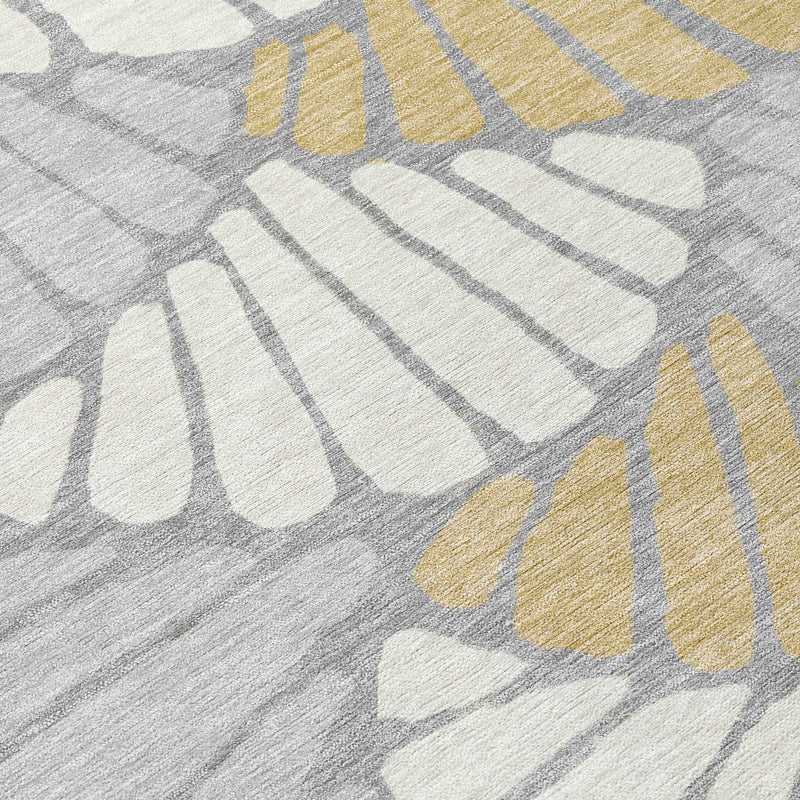 8' Gray Gold And Ivory Round Floral Washable Indoor Outdoor Area Rug