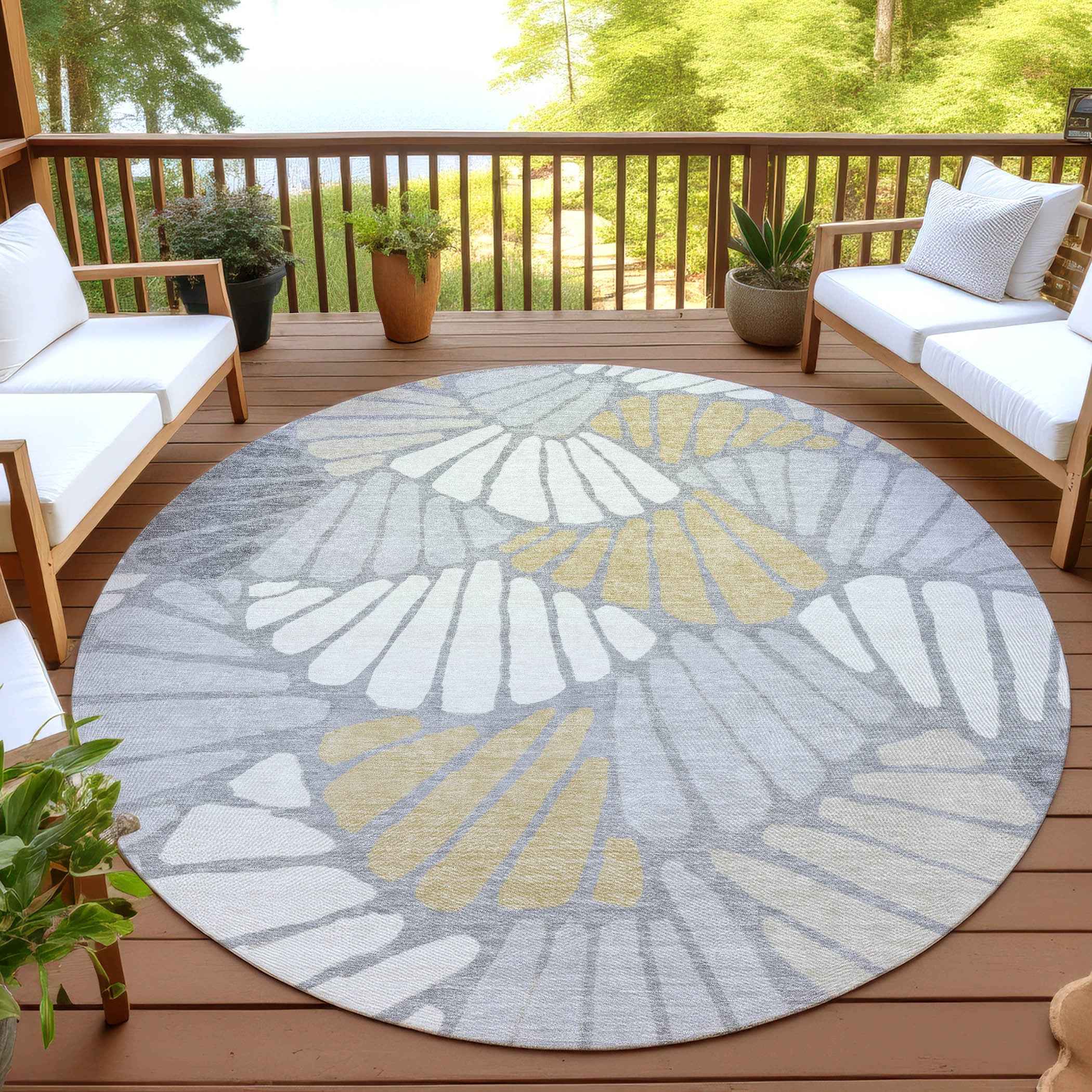 8' Gray Gold And Ivory Round Floral Washable Indoor Outdoor Area Rug