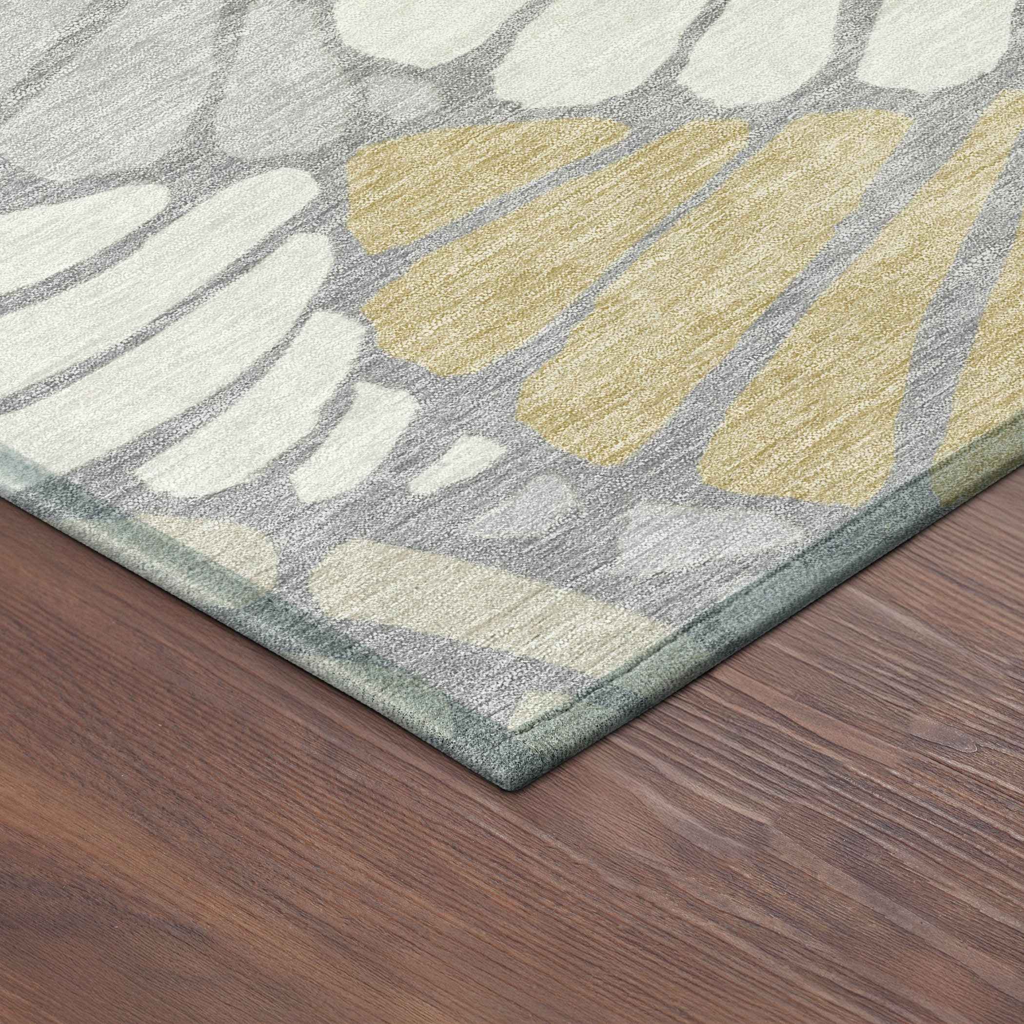 8' Gray Gold And Ivory Round Floral Washable Indoor Outdoor Area Rug