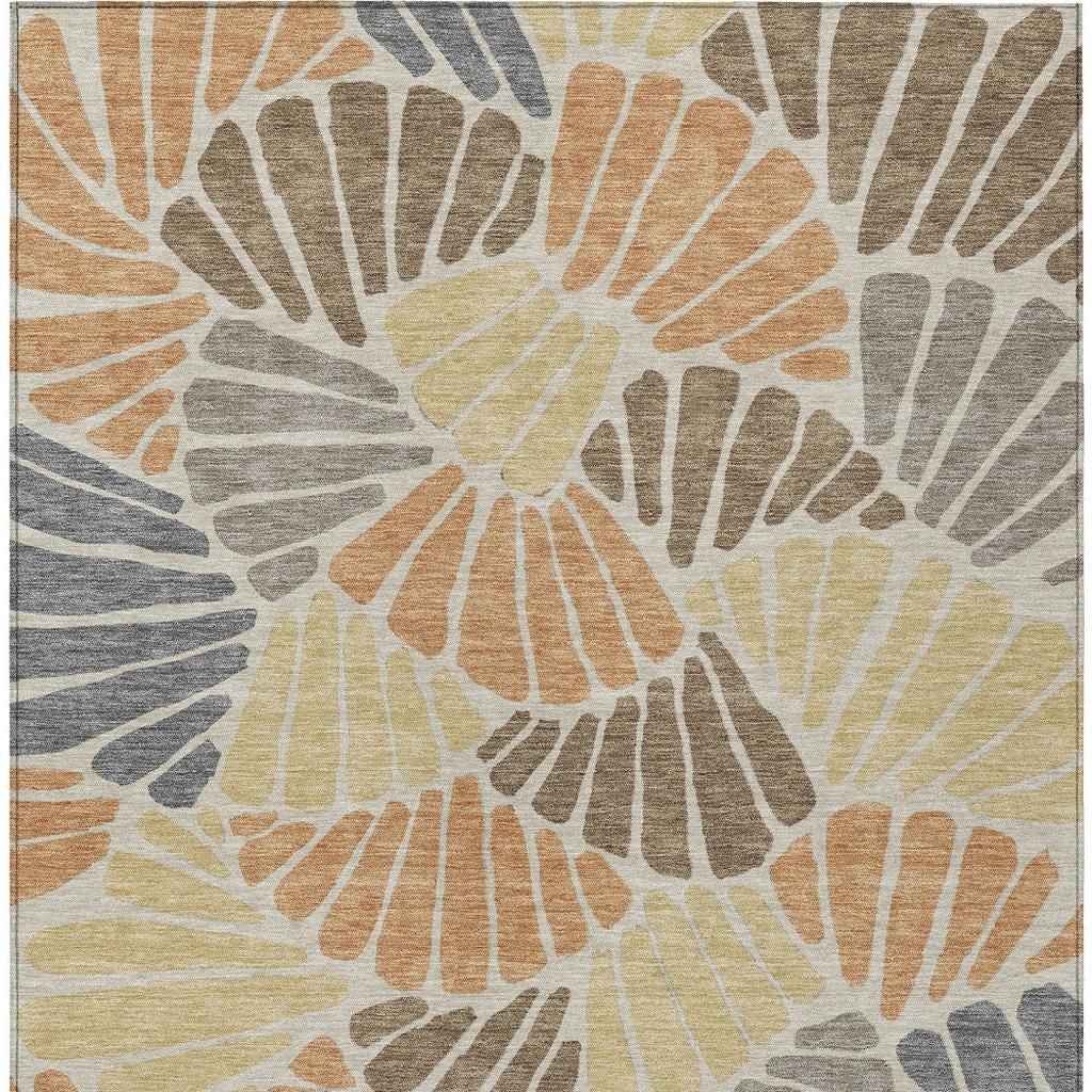 10' X 14' Copper Gold And Brown Floral Washable Indoor Outdoor Area Rug