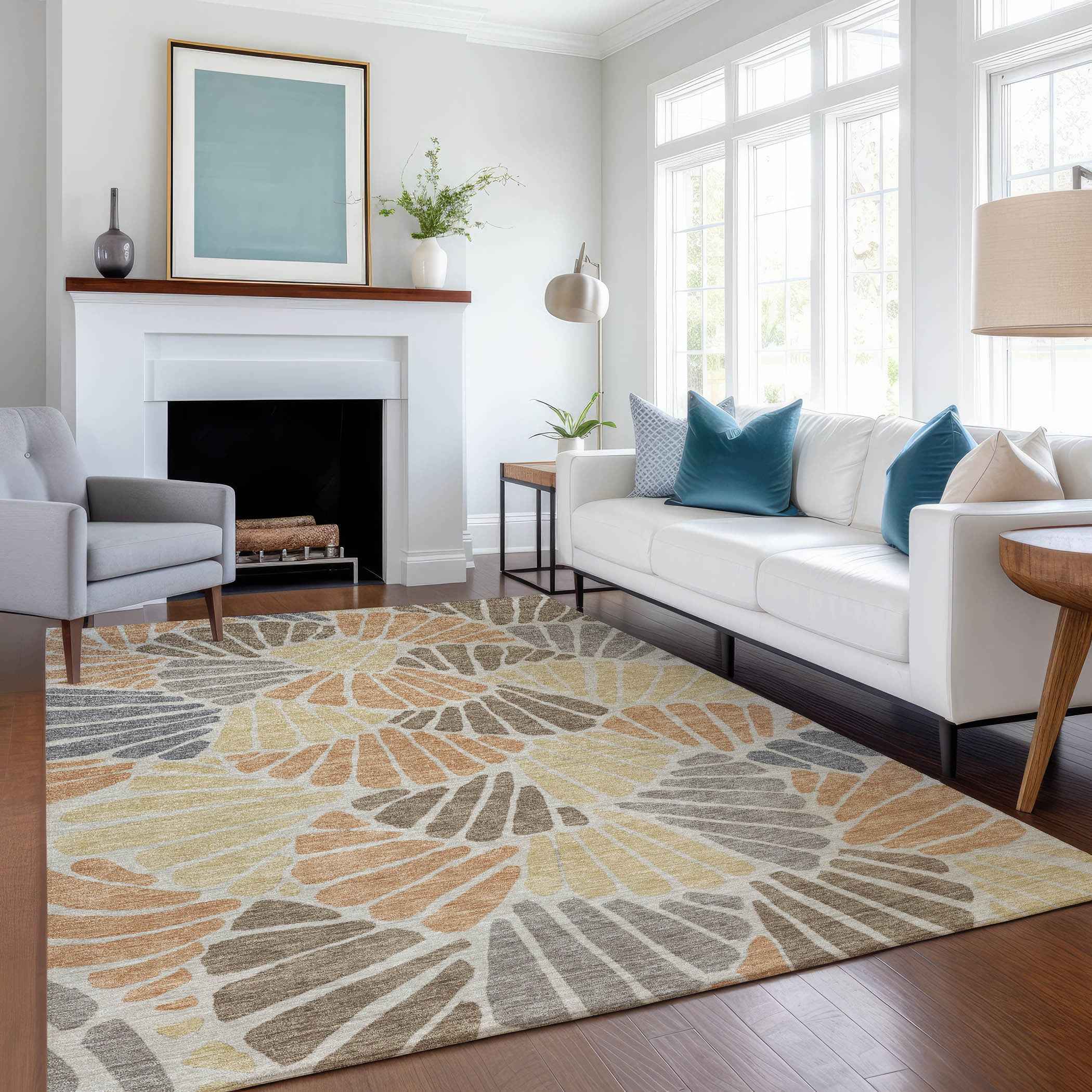 10' X 14' Copper Gold And Brown Floral Washable Indoor Outdoor Area Rug