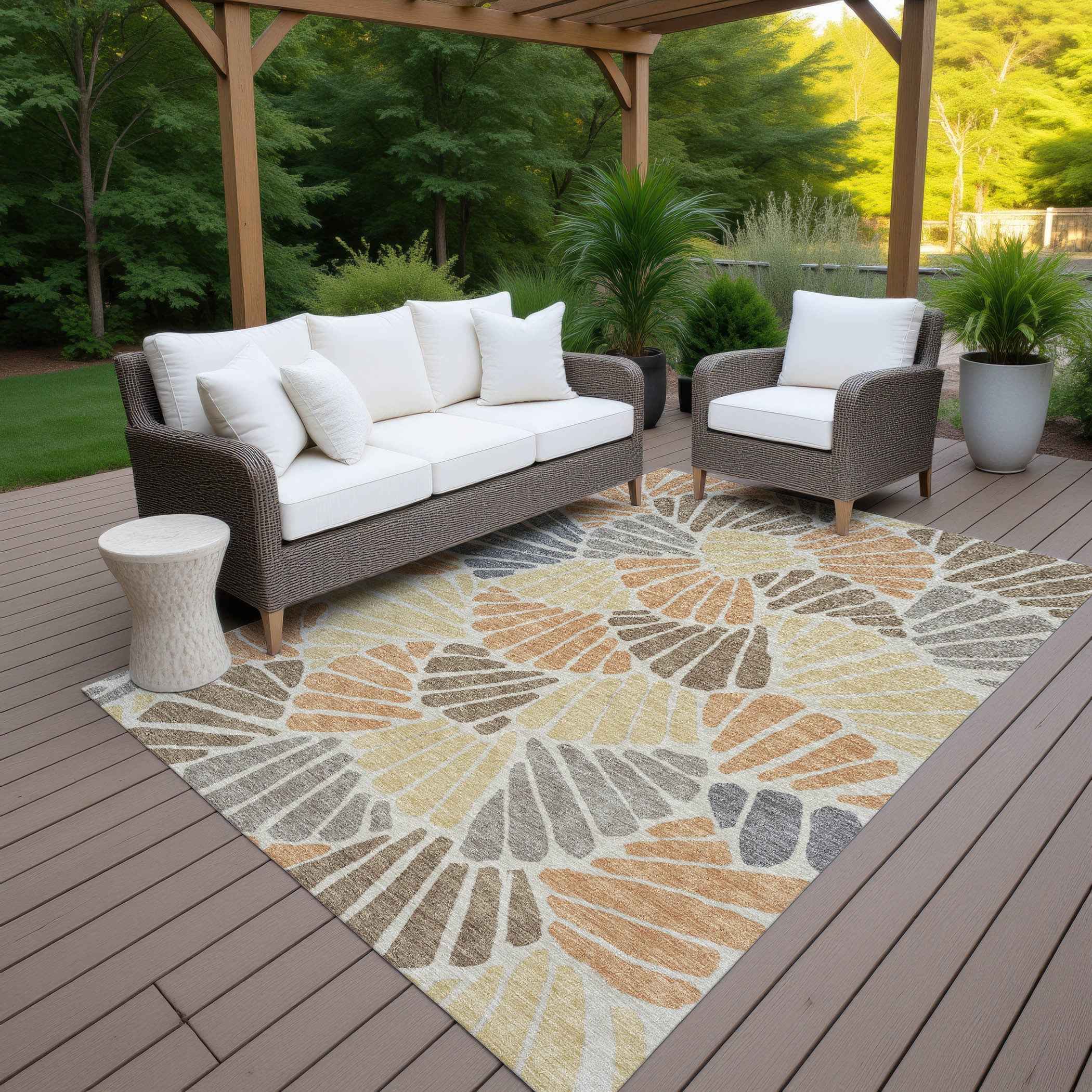 10' X 14' Copper Gold And Brown Floral Washable Indoor Outdoor Area Rug
