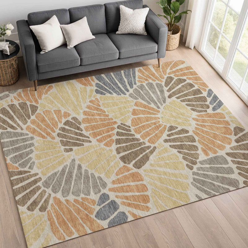 10' X 14' Copper Gold And Brown Floral Washable Indoor Outdoor Area Rug