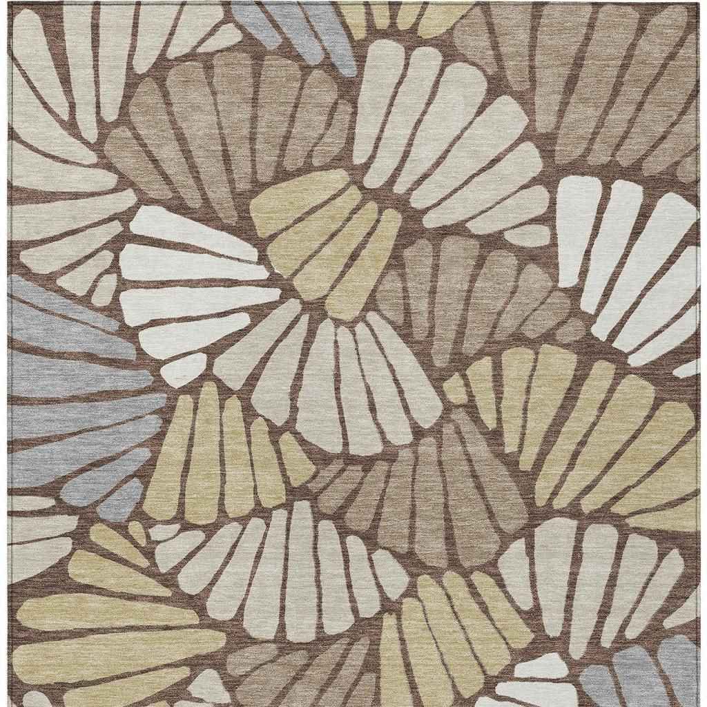 8' X 10' Chocolate Gold And Gray Floral Washable Indoor Outdoor Area Rug