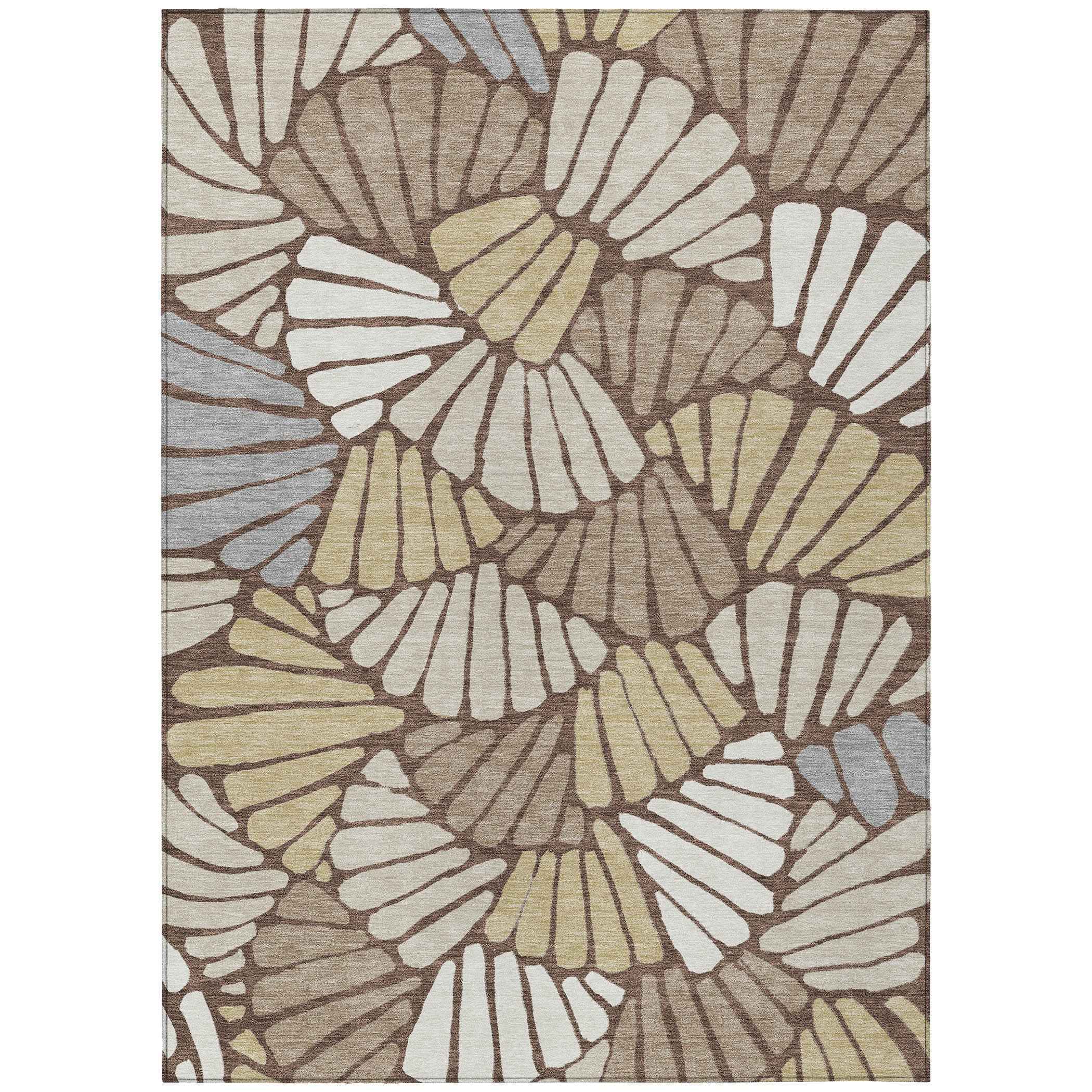 8' X 10' Chocolate Gold And Gray Floral Washable Indoor Outdoor Area Rug