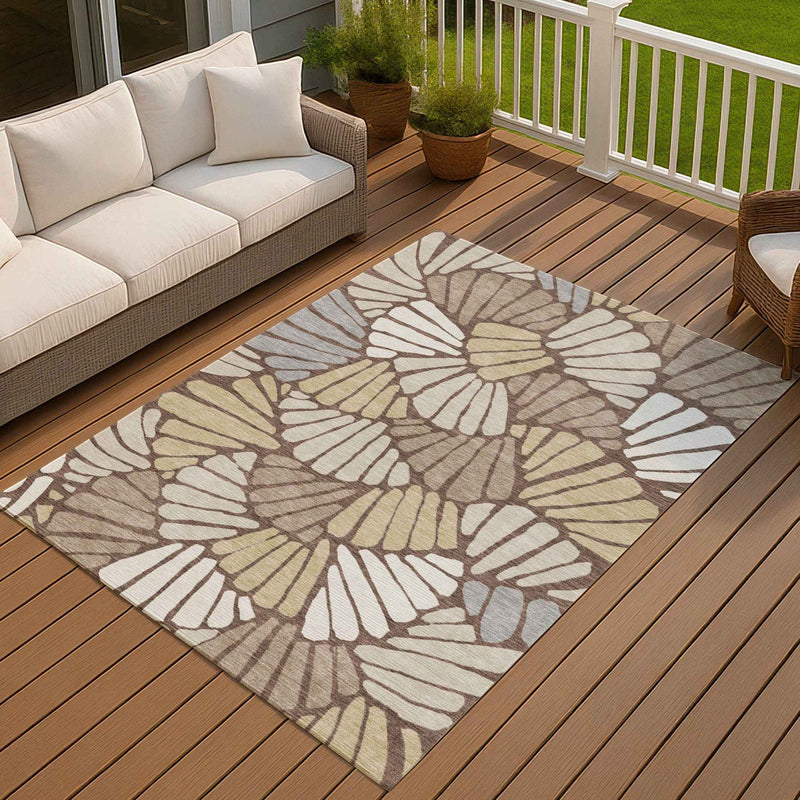 8' X 10' Chocolate Gold And Gray Floral Washable Indoor Outdoor Area Rug