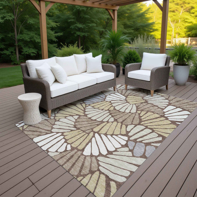8' X 10' Chocolate Gold And Gray Floral Washable Indoor Outdoor Area Rug