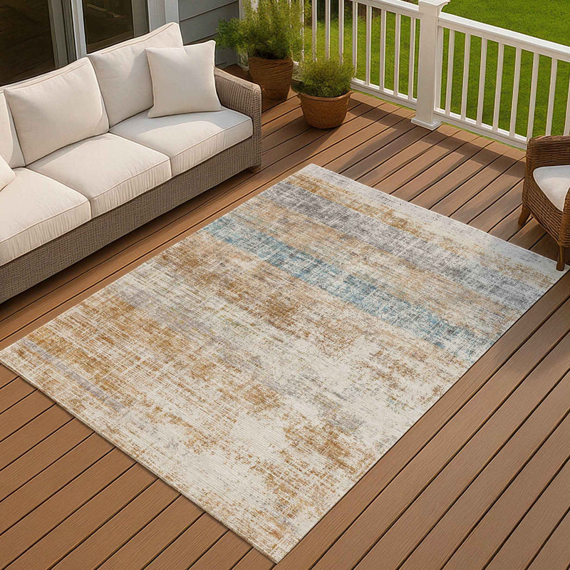 8' X 10' Copper Beige And Blue Striped Washable Indoor Outdoor Area Rug