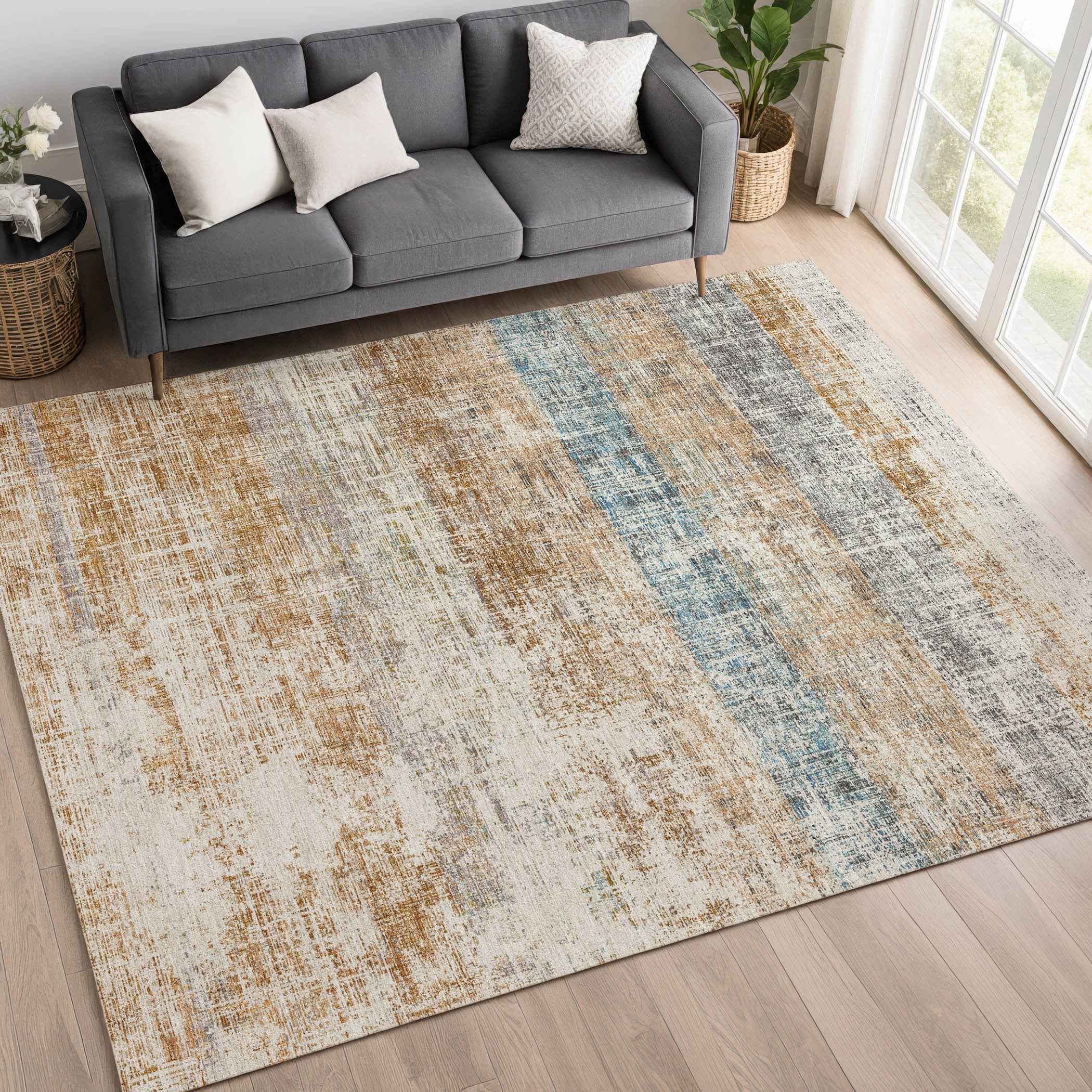 8' X 10' Copper Beige And Blue Striped Washable Indoor Outdoor Area Rug