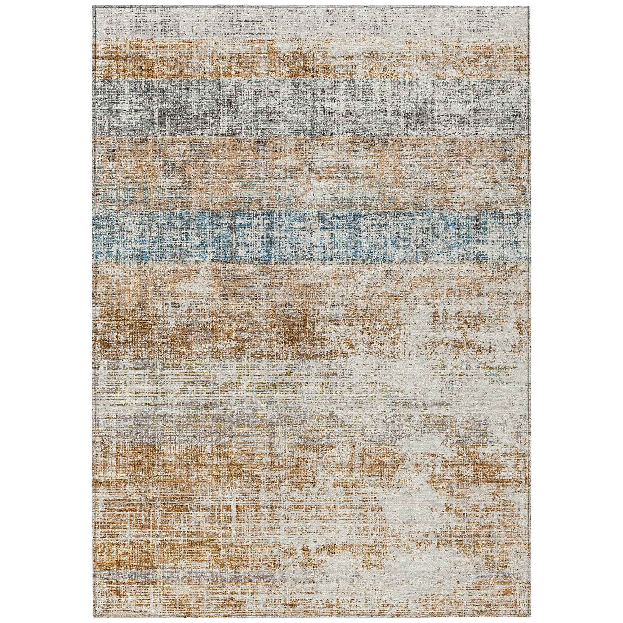 8' X 10' Copper Beige And Blue Striped Washable Indoor Outdoor Area Rug