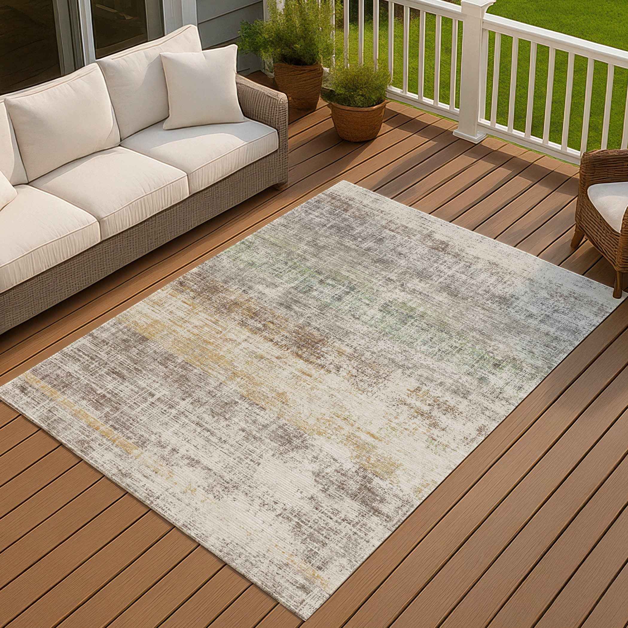 10' X 14' Beige And Brown Striped Washable Indoor Outdoor Area Rug