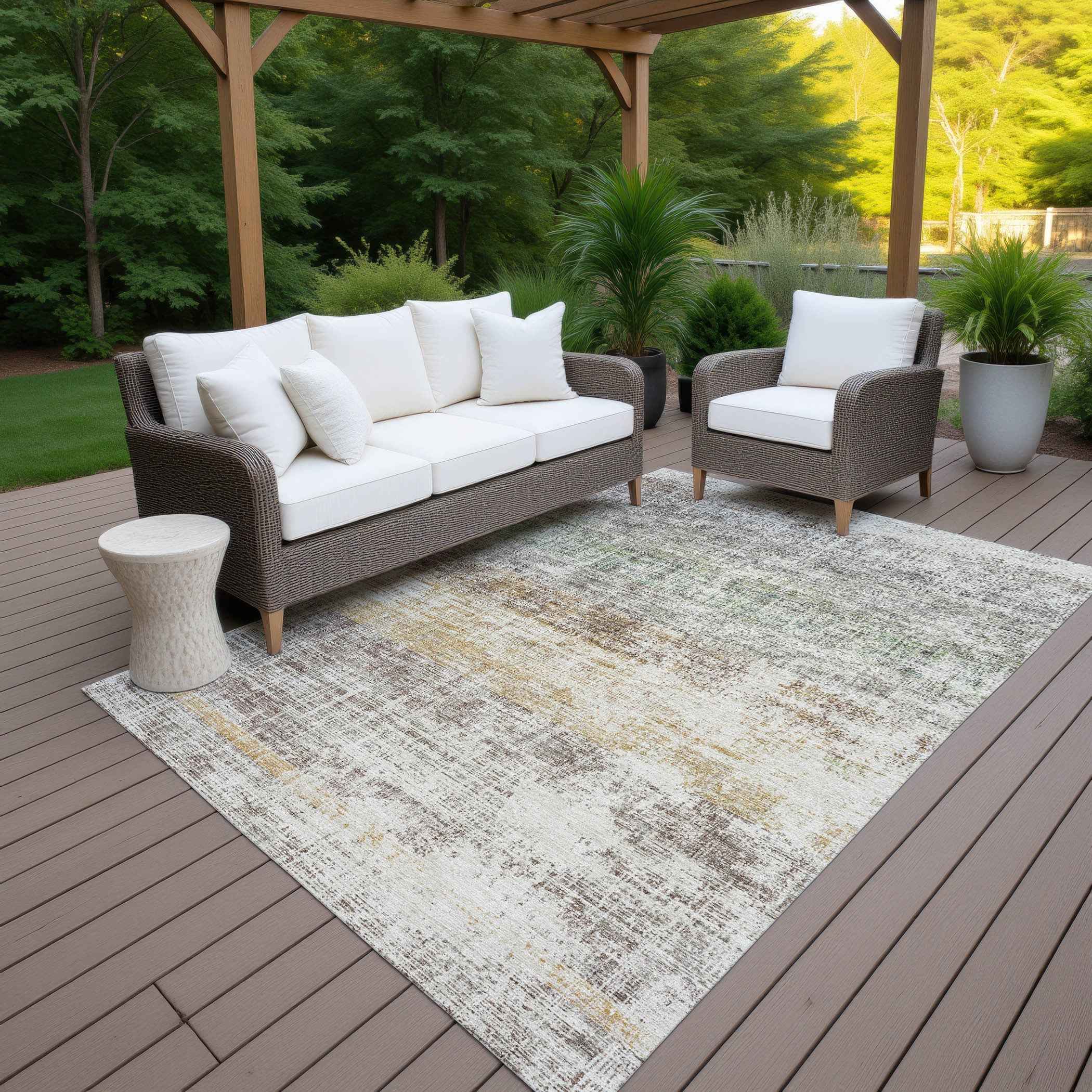 10' X 14' Beige And Brown Striped Washable Indoor Outdoor Area Rug