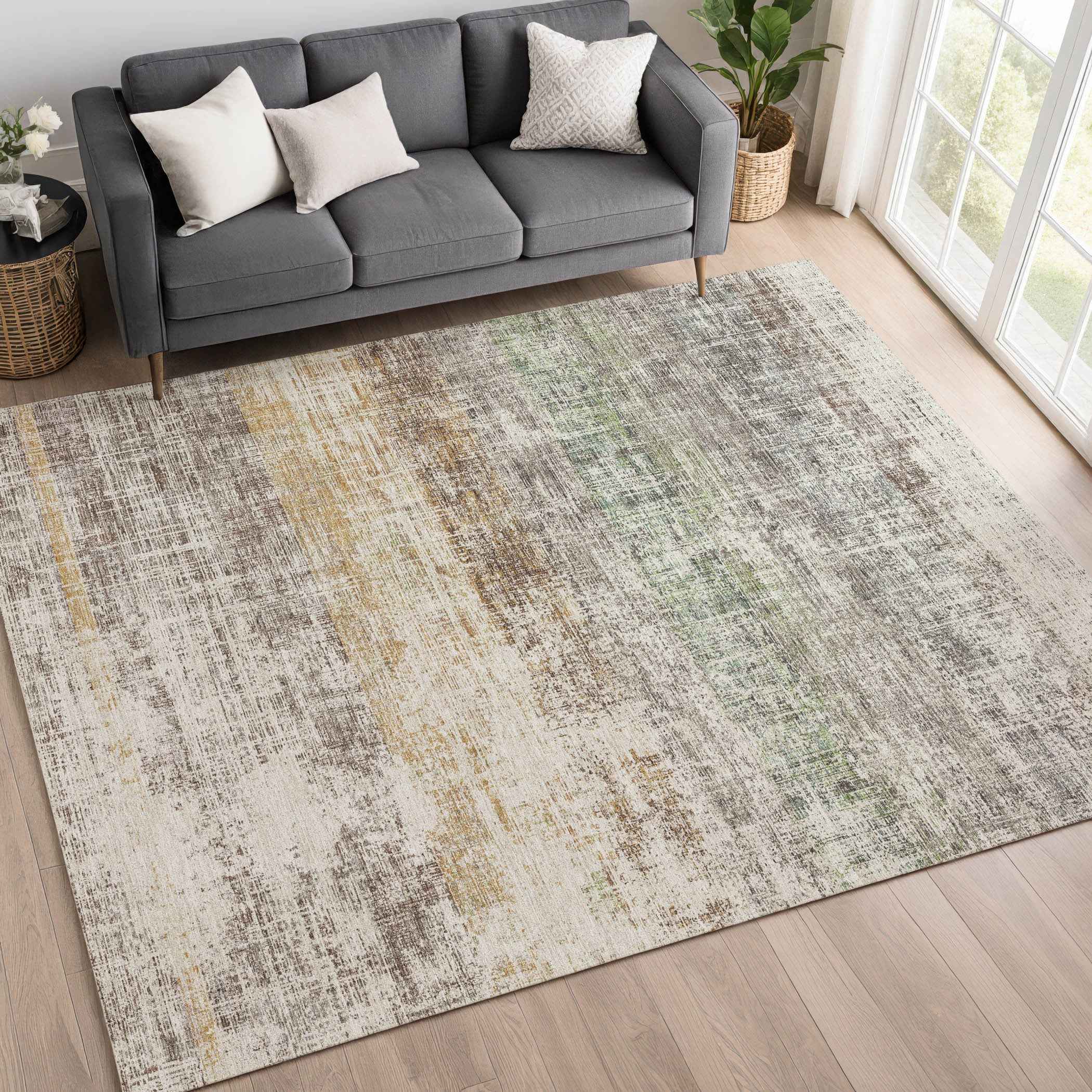 10' X 14' Beige And Brown Striped Washable Indoor Outdoor Area Rug