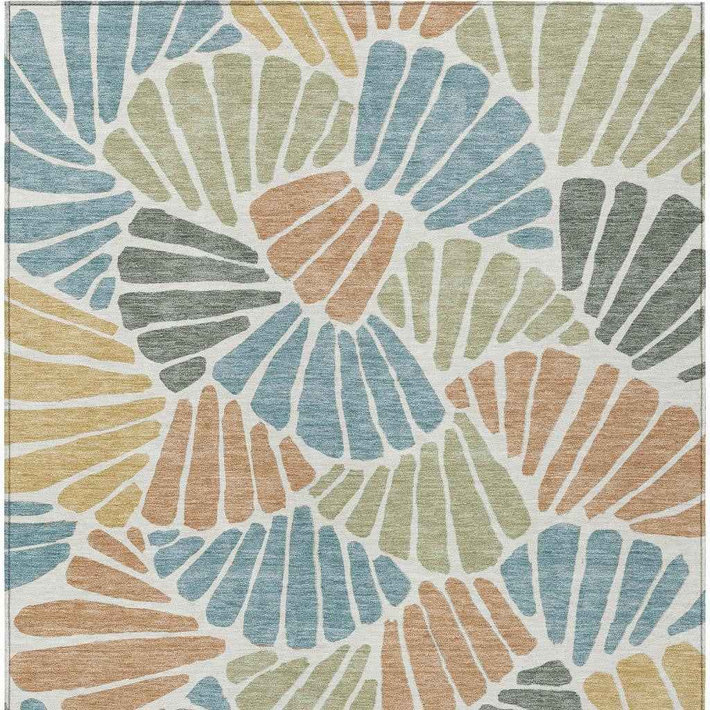 3' X 5' Pale Aqua Copper And Gold Floral Washable Indoor Outdoor Area Rug
