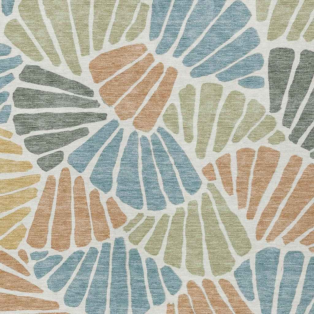 3' X 5' Pale Aqua Copper And Gold Floral Washable Indoor Outdoor Area Rug