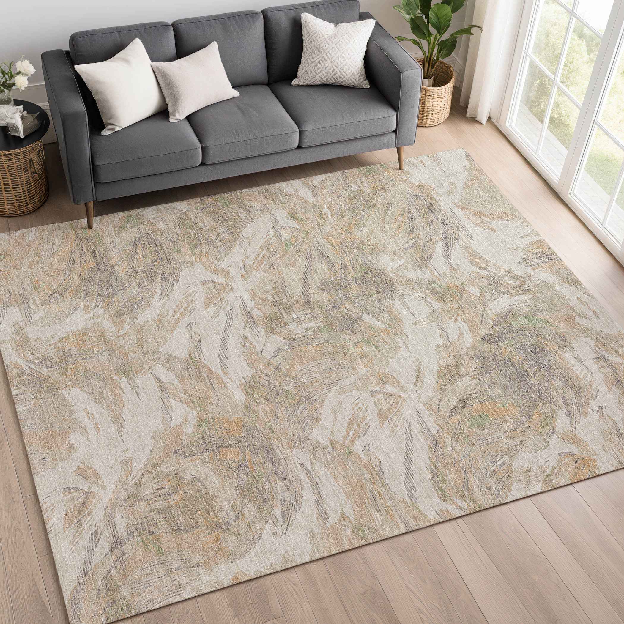 3' X 5' Khaki And Ivory Floral Washable Indoor Outdoor Area Rug