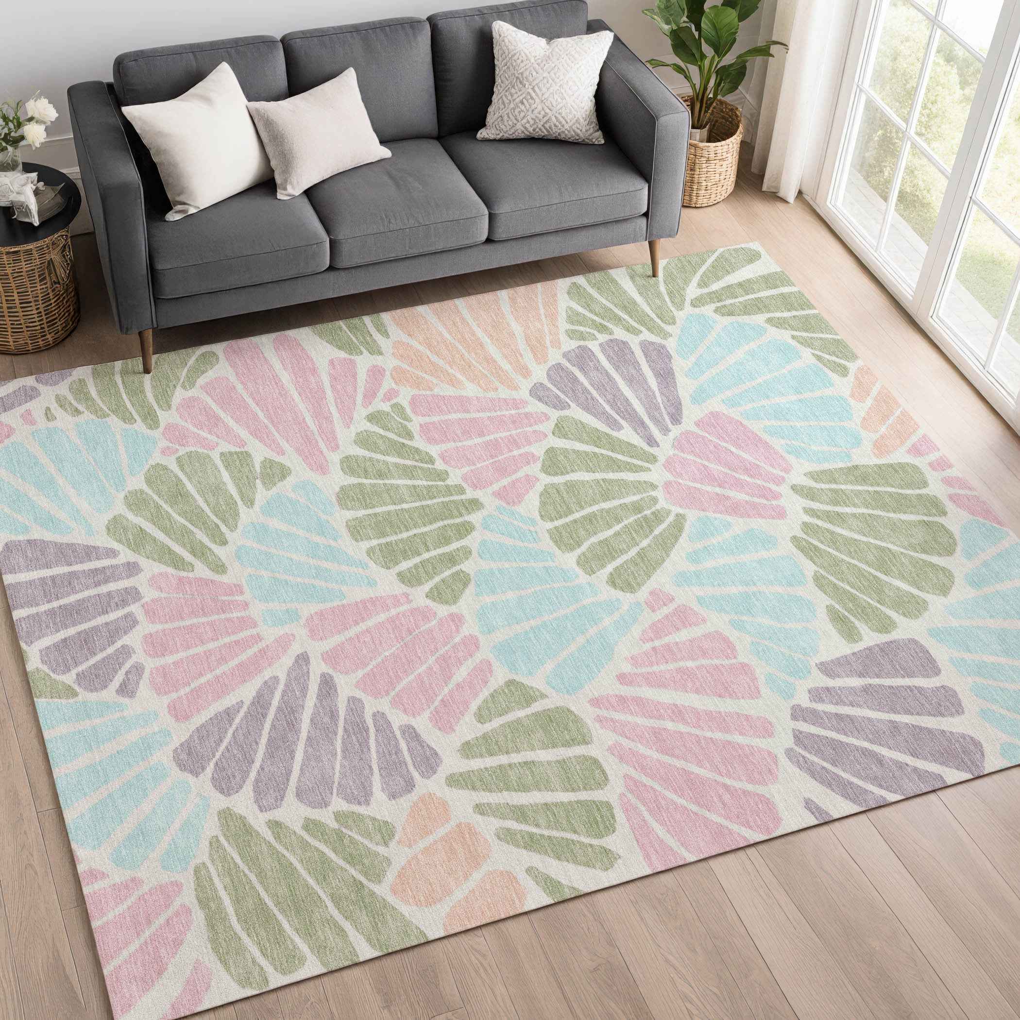 8' X 10' Sage Pink And Aqua Floral Washable Indoor Outdoor Area Rug