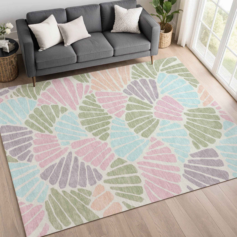 8' X 10' Sage Pink And Aqua Floral Washable Indoor Outdoor Area Rug