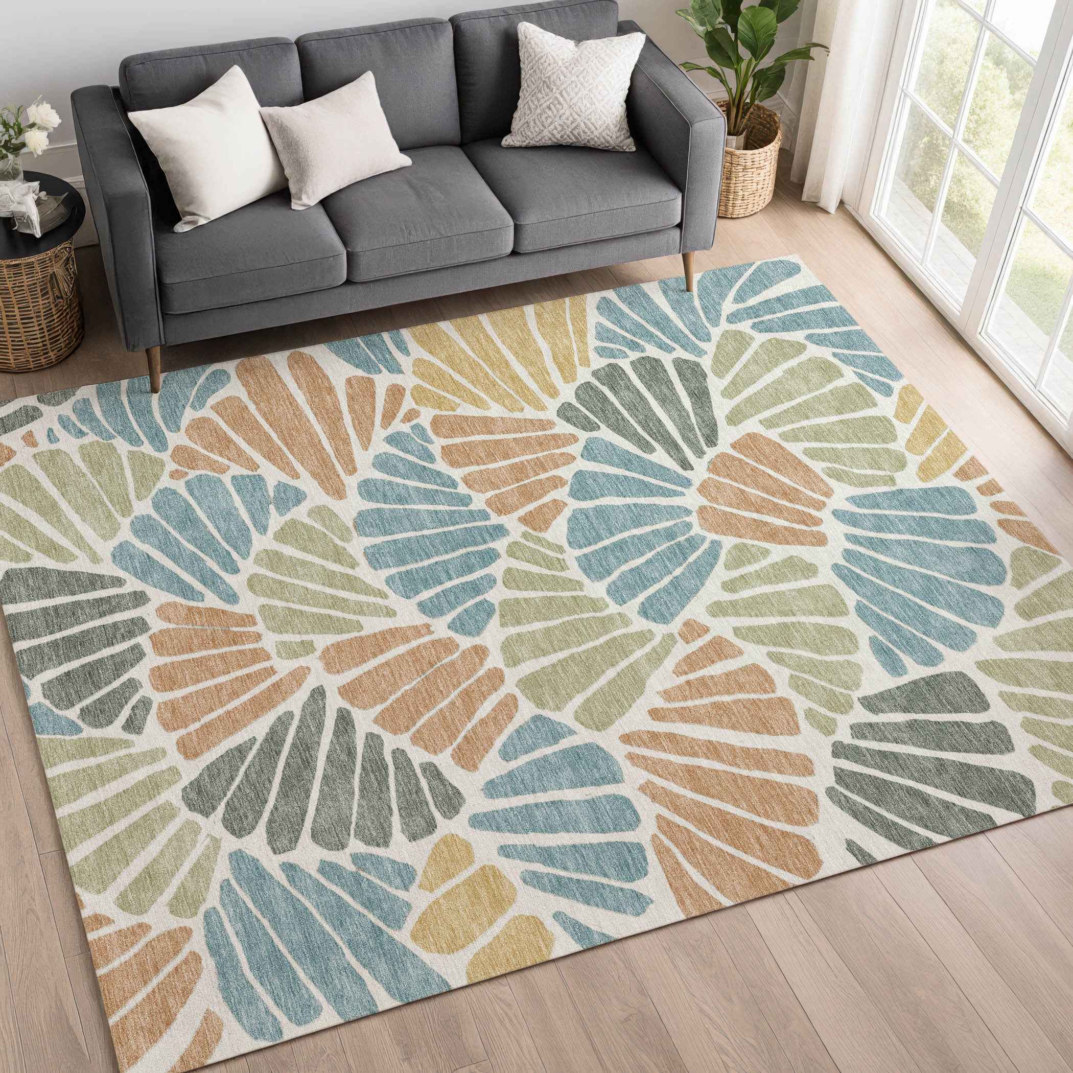 8' X 10' Pale Aqua Copper And Gold Floral Washable Indoor Outdoor Area Rug