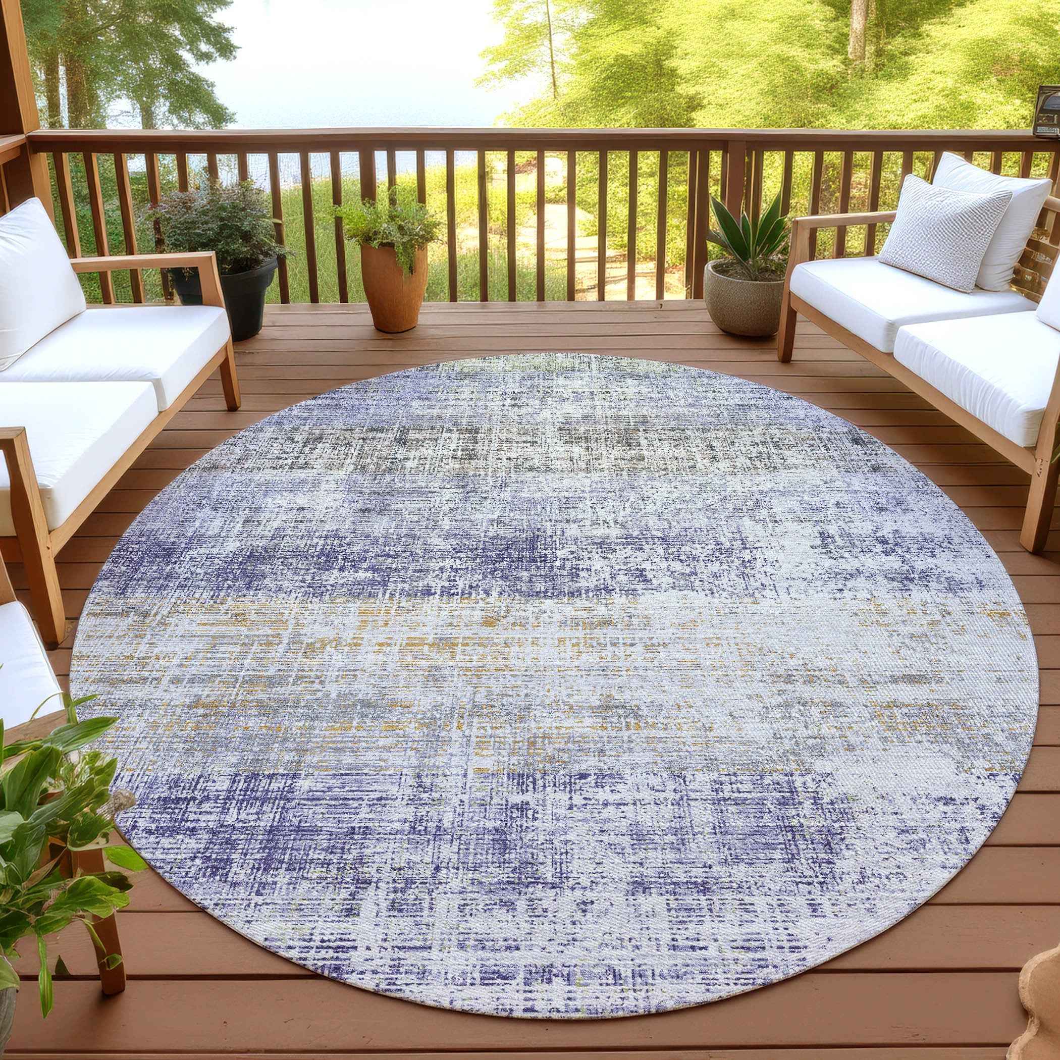 8' Lavender Ivory And Gray Round Striped Washable Indoor Outdoor Area Rug