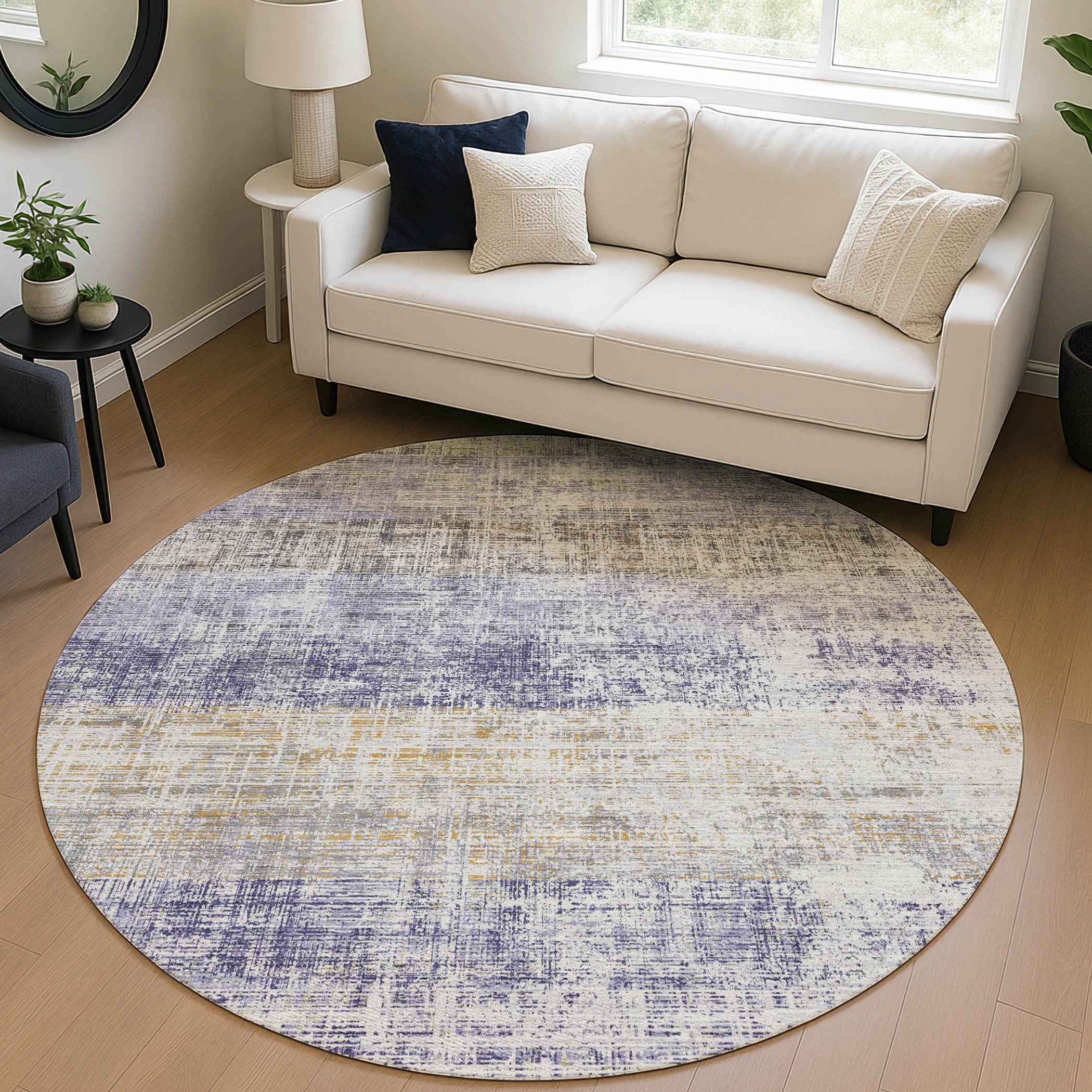 8' Lavender Ivory And Gray Round Striped Washable Indoor Outdoor Area Rug