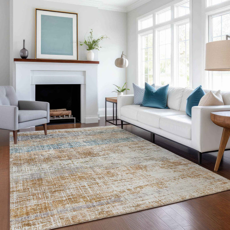 10' X 14' Copper Beige And Blue Striped Washable Indoor Outdoor Area Rug