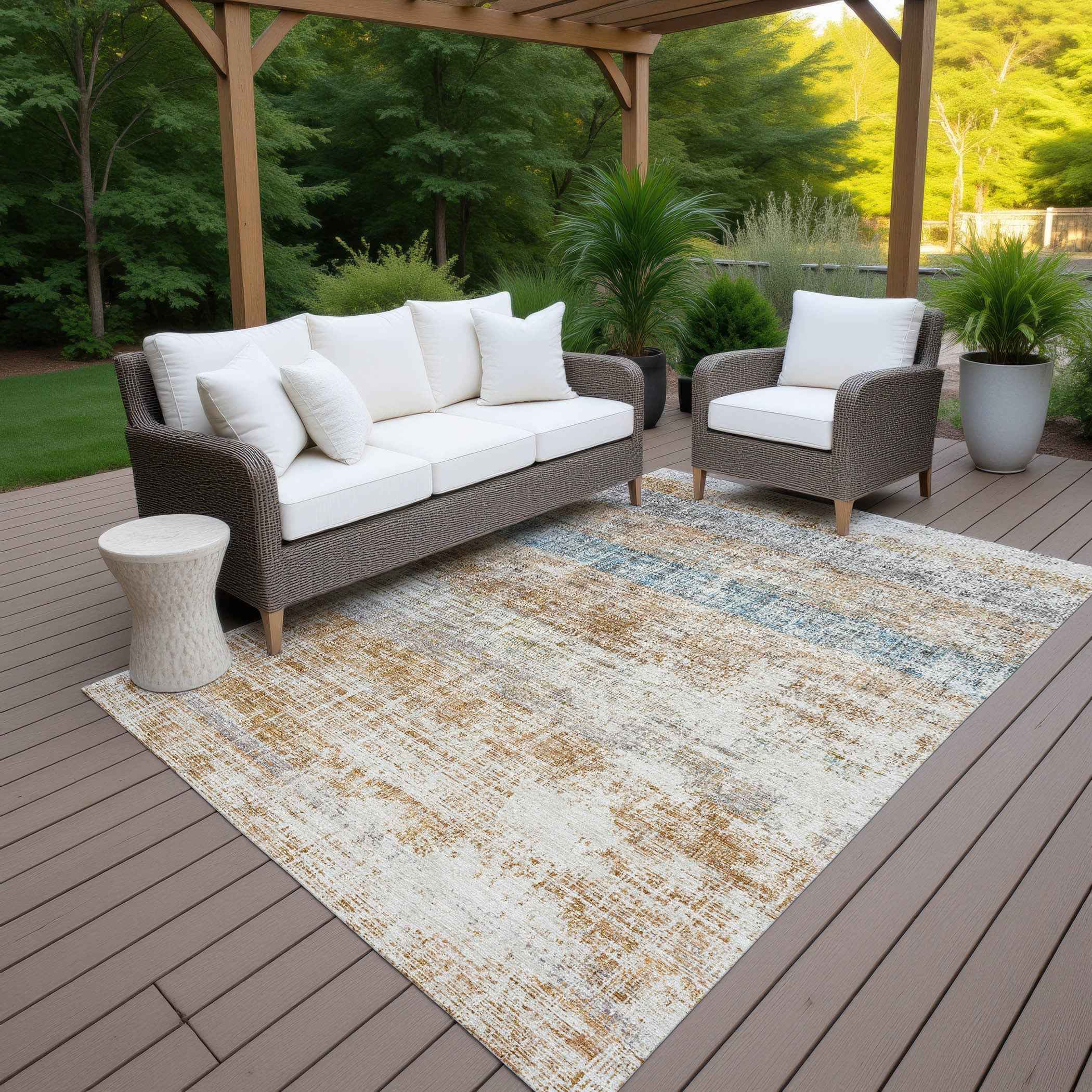 10' X 14' Copper Beige And Blue Striped Washable Indoor Outdoor Area Rug
