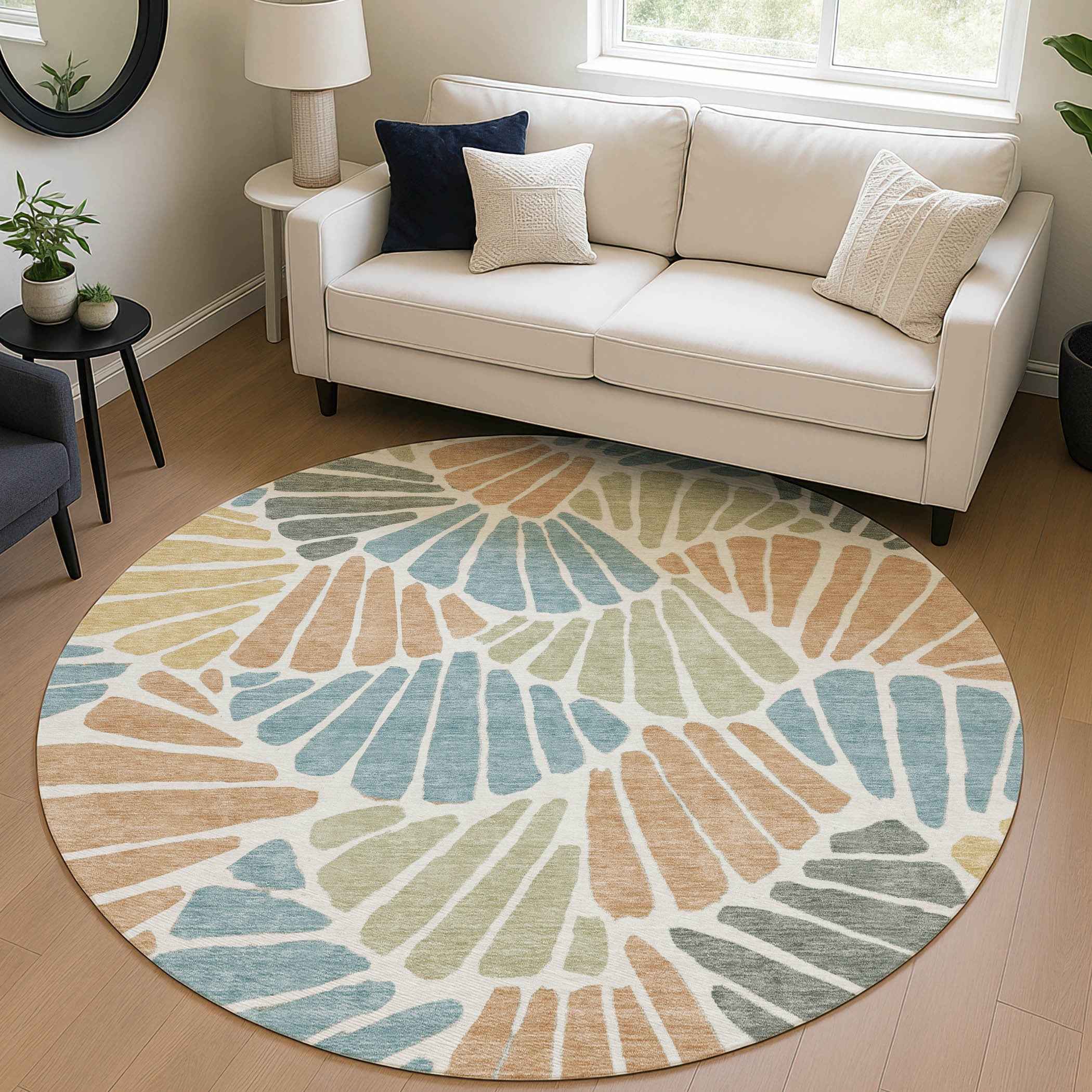 8' Pale Aqua Copper And Gold Round Floral Washable Indoor Outdoor Area Rug