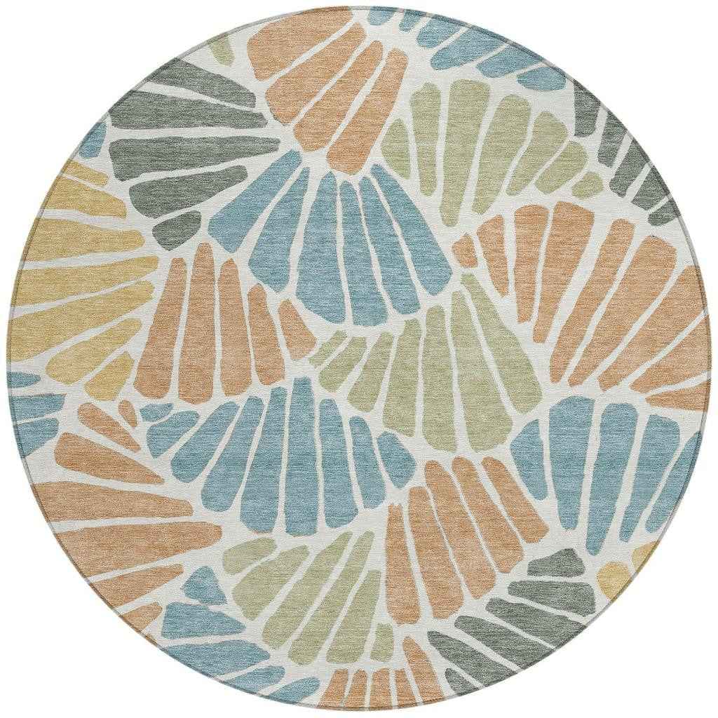 8' Pale Aqua Copper And Gold Round Floral Washable Indoor Outdoor Area Rug