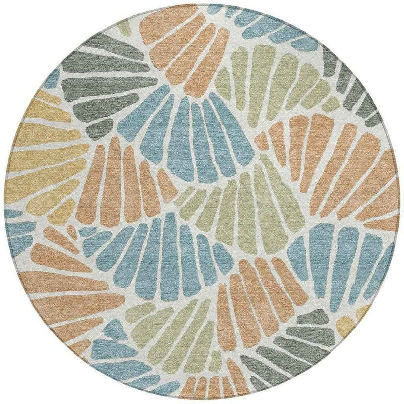 8' Pale Aqua Copper And Gold Round Floral Washable Indoor Outdoor Area Rug