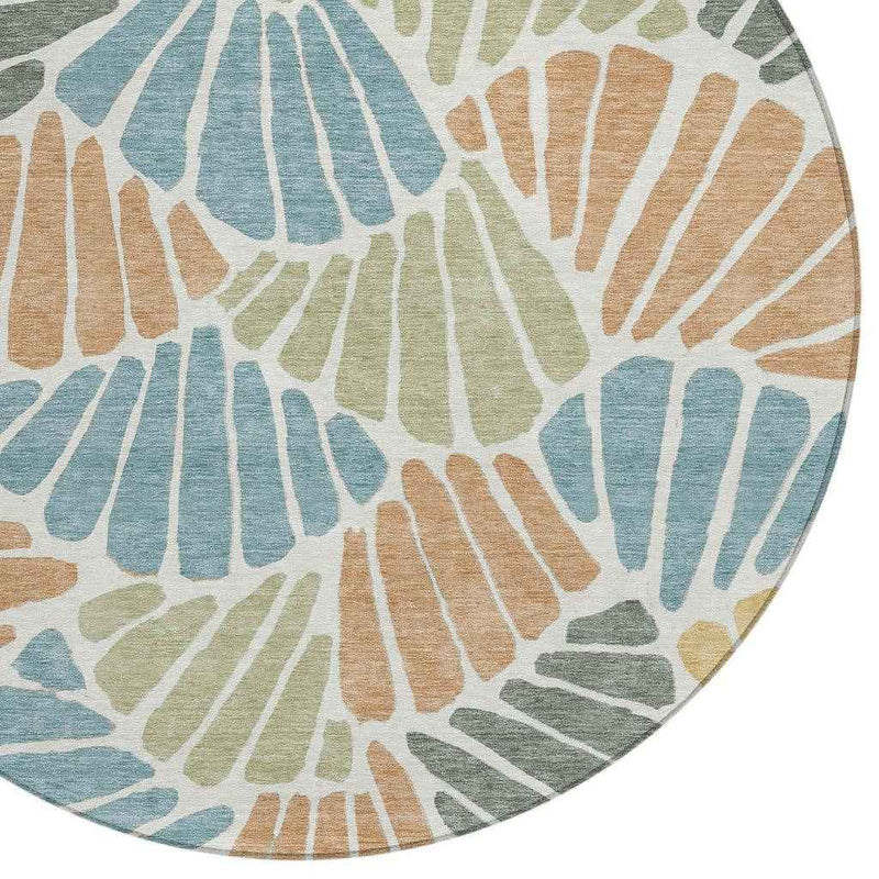 8' Pale Aqua Copper And Gold Round Floral Washable Indoor Outdoor Area Rug