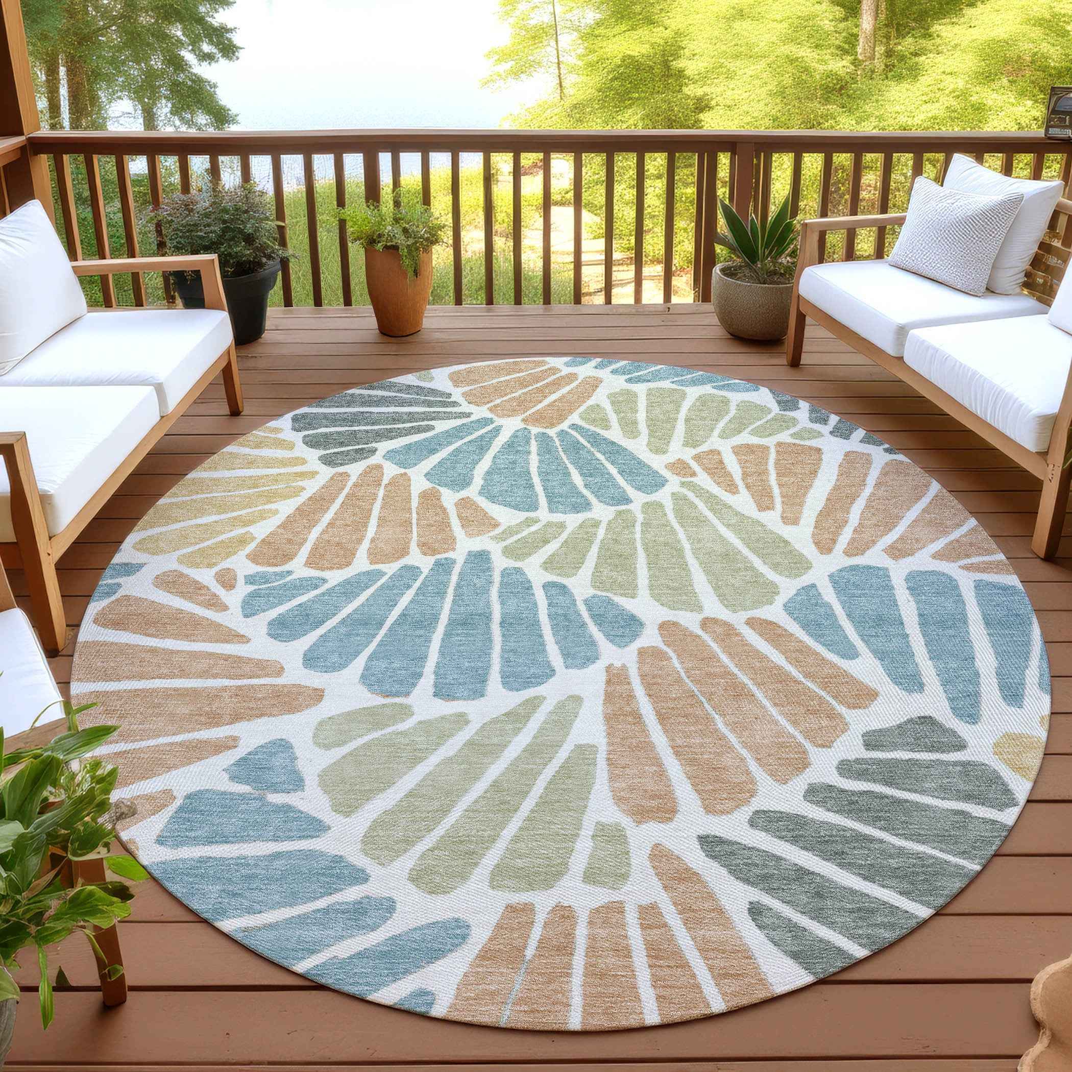 8' Pale Aqua Copper And Gold Round Floral Washable Indoor Outdoor Area Rug