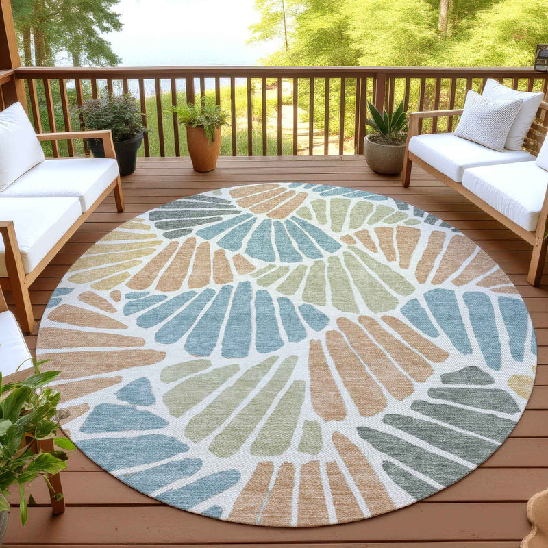 8' Pale Aqua Copper And Gold Round Floral Washable Indoor Outdoor Area Rug