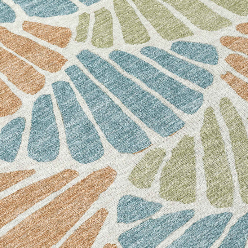 8' Pale Aqua Copper And Gold Round Floral Washable Indoor Outdoor Area Rug