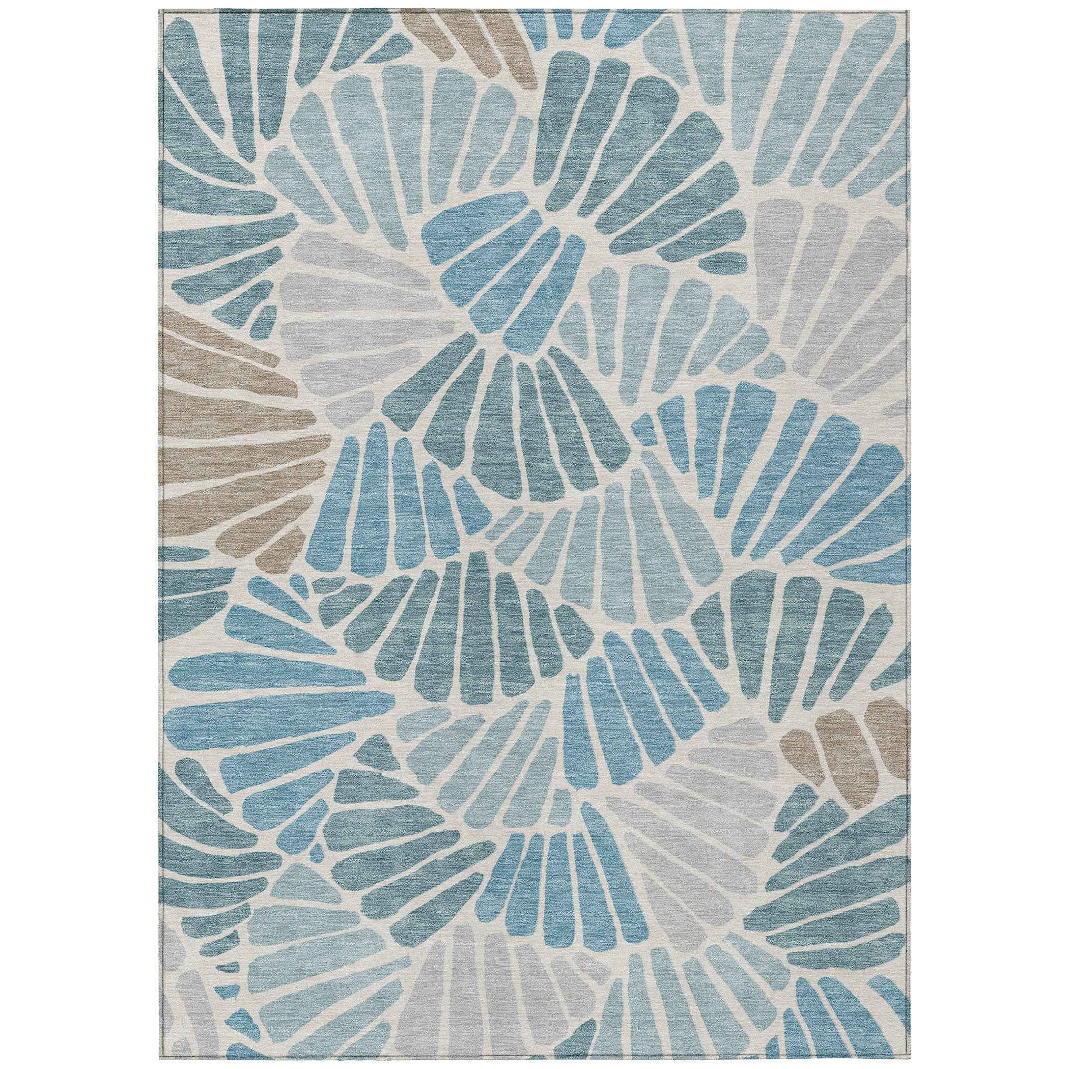 3' X 5' Teal Blue Ivory And Gray Floral Washable Indoor Outdoor Area Rug