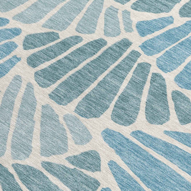 3' X 5' Teal Blue Ivory And Gray Floral Washable Indoor Outdoor Area Rug