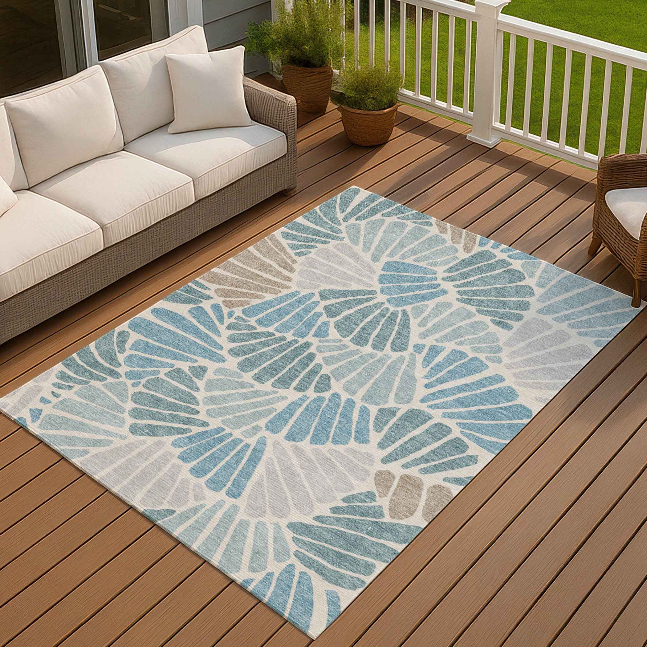 3' X 5' Teal Blue Ivory And Gray Floral Washable Indoor Outdoor Area Rug