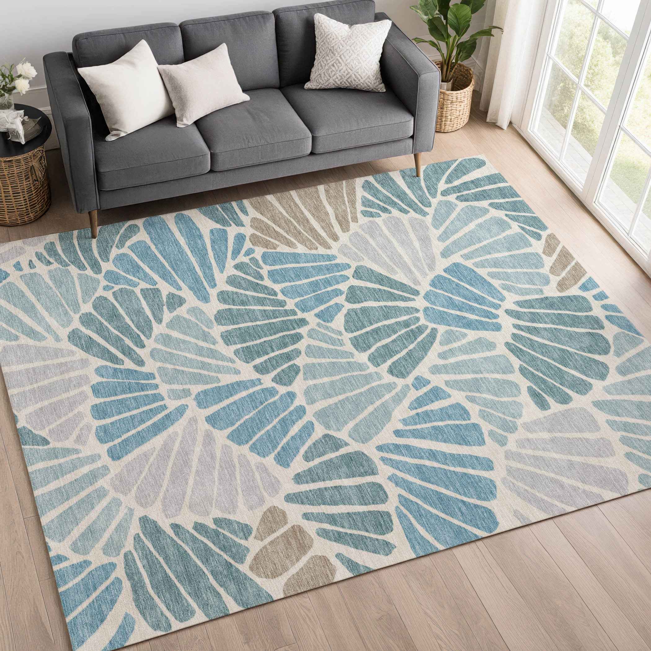 3' X 5' Teal Blue Ivory And Gray Floral Washable Indoor Outdoor Area Rug