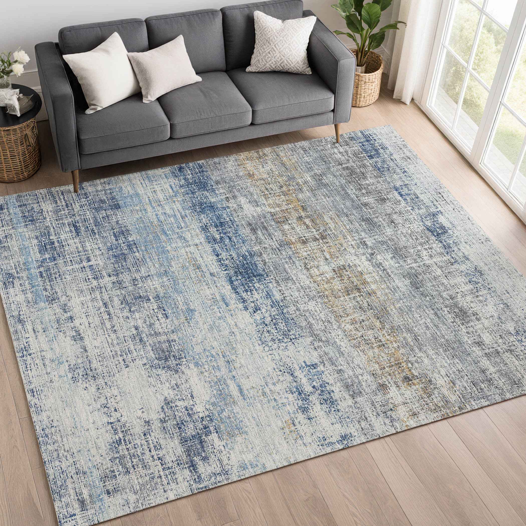 10' X 14' Denim Blue Ivory And Beige Striped Washable Indoor Outdoor Area Rug