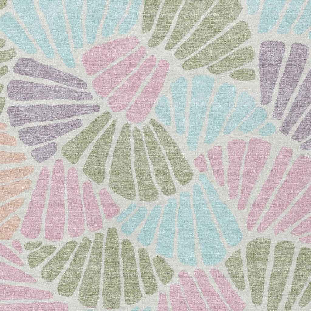 5' X 8' Sage Pink And Aqua Floral Washable Indoor Outdoor Area Rug