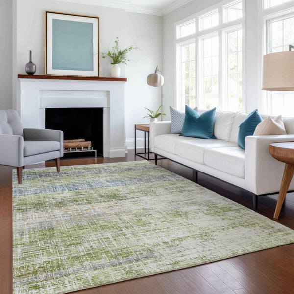 8' X 10' Green Ivory And Blue Striped Washable Indoor Outdoor Area Rug