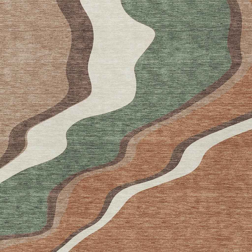8' X 10' Copper Ivory And Fern Green Abstract Washable Indoor Outdoor Area Rug
