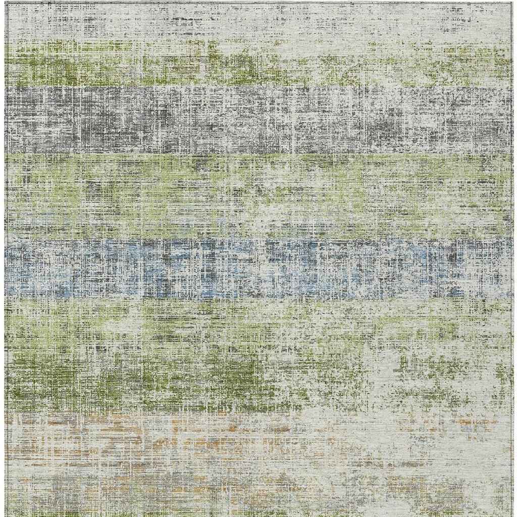 8' X 10' Green Ivory And Blue Striped Washable Indoor Outdoor Area Rug