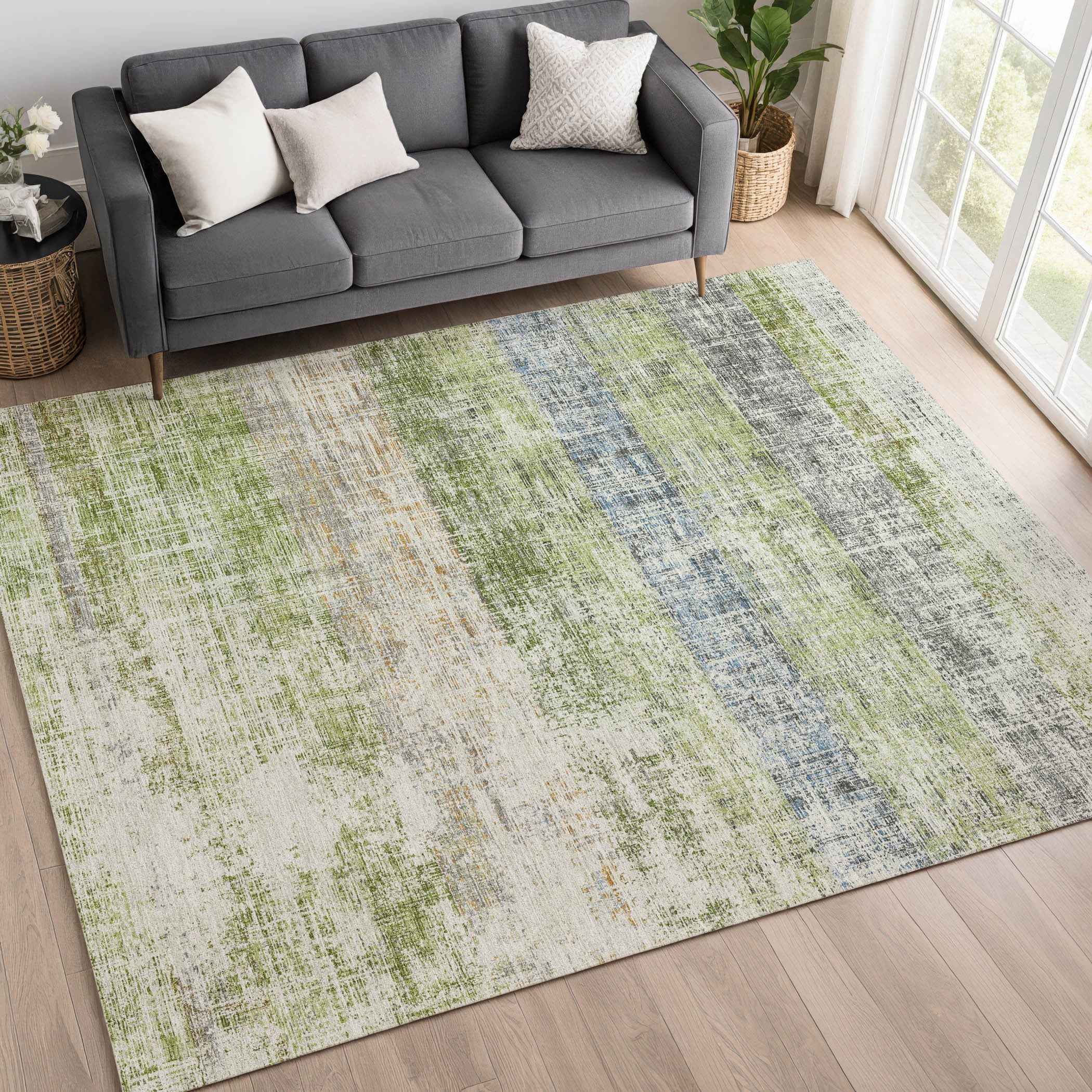 8' X 10' Green Ivory And Blue Striped Washable Indoor Outdoor Area Rug
