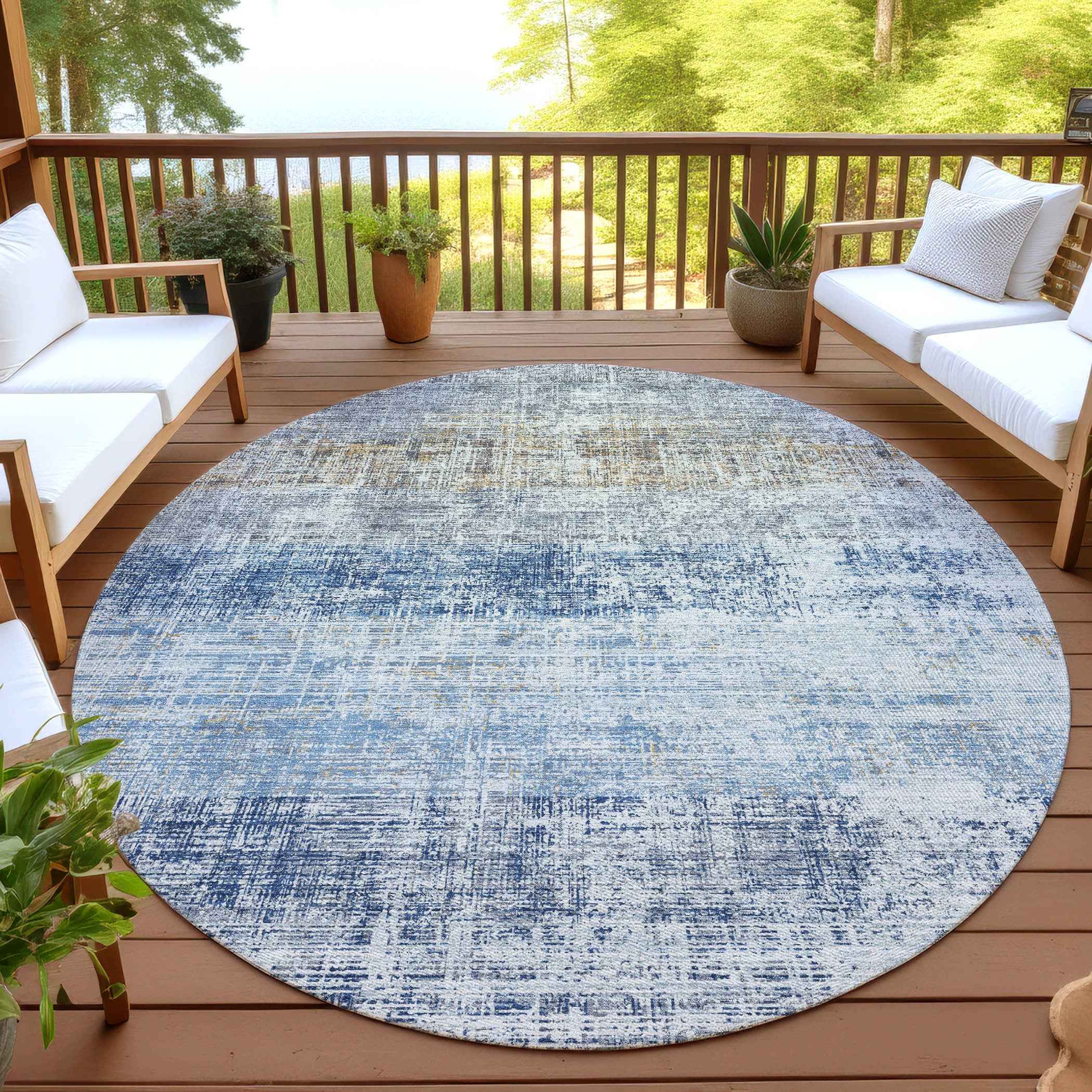8' Denim Blue Ivory And Beige Round Striped Washable Indoor Outdoor Area Rug